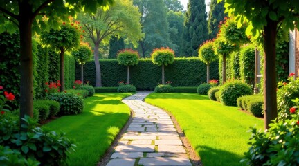 Obraz premium A Serene Garden Path Meandering Through Lush Greenery and Vibrant Blooms, a Picturesque Landscape Design Featuring Well-Maintained Lawns and Ornamental Trees
