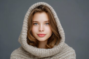 Woman Wearing Knitted Hood, Cozy Sweater Fashion Portrait