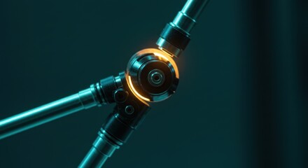 Futuristic mechanical joint with illuminated ring in a dark teal environment