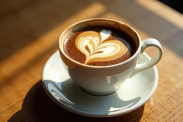 Obraz premium Aromatic Coffee Drink with Heart Shaped Latte Art in Sunlight on Wooden Table