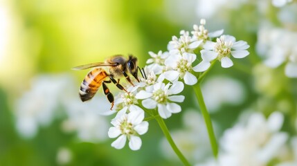 Honeybee gracefully collecting nectar from cluster of white blossoming flowers