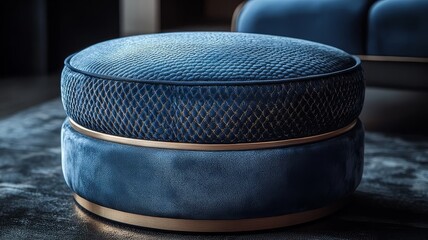 Luxurious blue velvet ottoman with a textured top and sleek metallic base, perfect for modern interiors and stylish living spaces.