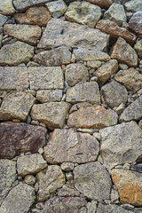 Close-up view of an old stone wall with large, weathered rocks stacked tightly together