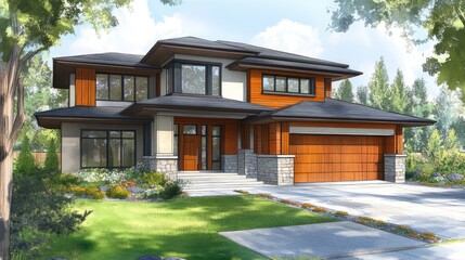 Luxury Home With Craftsman Details, Landscaping, And A Modern Design Aesthetic. A Cozy Architectural Rendering Of A Dream House.