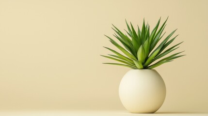 A green plant in a white egg-shaped vase.