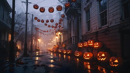 A foggy street lined with jack-o&rsquo;-lanterns and spooky decorations