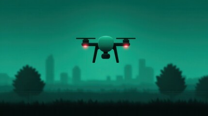Drones monitor crops at dusk over a bustling city skyline, showcasing modern farming technology in action. Smart Irrigation Month