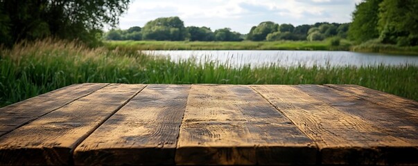 Rustic wood table lakeside view