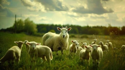 Fototapeta premium Sheep herd in a grassy field