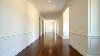 Obraz premium Elegant interior featuring a long, narrow and sleek white corridor with stunning hardwood floors offering a sophisticated and inviting ambiance in home