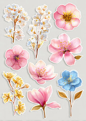 Light watercolor spring bloom sticker set ideal for seasonal planners, bullet journals, and invitations
