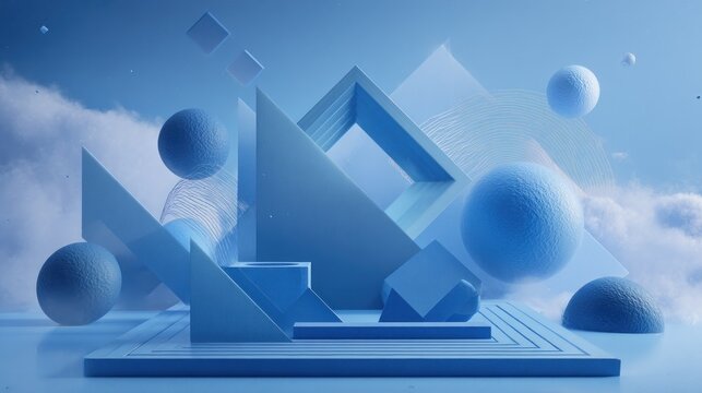 Abstract geometric shapes in soft blue tones, floating in a cloud-like atmosphere