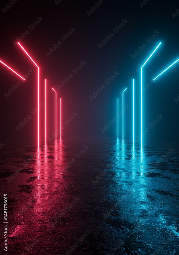 Poster 3d abstract background with neon lights and reflections
