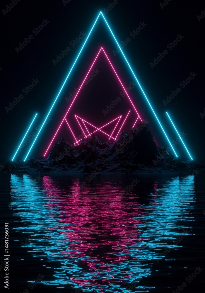 Poster 3d abstract background with neon triangles reflected in water