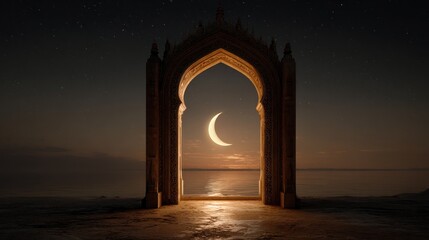 Ancient archway portal to a serene night sky