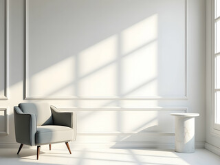 Elegant interior showcasing a minimalist aesthetic with a comfortable armchair, a marble side table, and sunlit wall paneling in a bright neutral setting