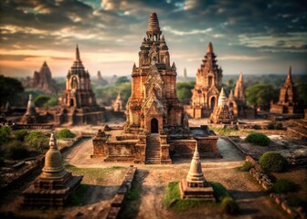 Fototapeta premium Tilt-Shift Chaiwatthanaram Temple Ruins, Ayutthaya Historical Park, Thailand - Ancient Buddhist Architecture
