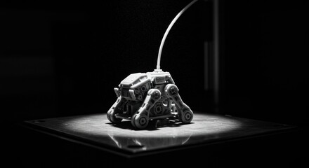 Monochrome shot of a 3D printed robotic model on a platform under a spotlight