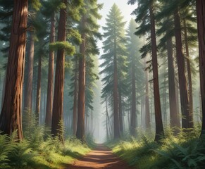 Whimsical watercolor artwork of dense redwood forest, Eco, Pines, Firs, Sunlight, Eco-friendly