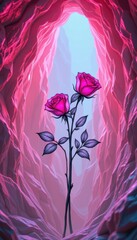 Obraz premium Two Pink Roses in a Pink Pixel Art Cave