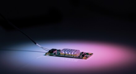 Circuit board component illuminated in blue and pink hues representing modern technology