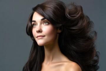 Fototapeta premium Woman with Flowing Brunette Hair Looking Up, Against Neutral Backdrop