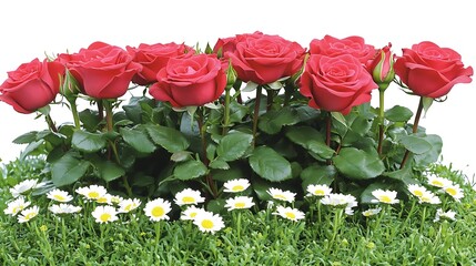Red roses, daisies, green grass