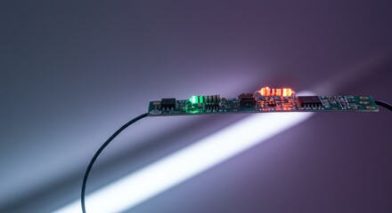 Illuminated circuit board displaying green and orange lights on a minimal background