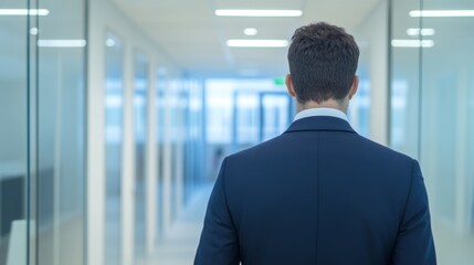 Confident businessman walks down a modern bright office corridor professional man in a suit in a corporate setting with a clean blurred background 