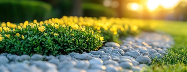 Sunset garden path, yellow flowers