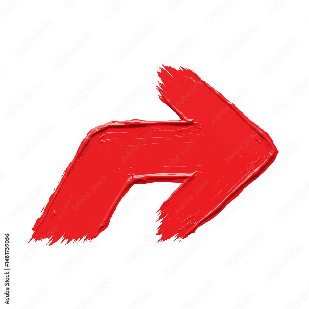 Poster a bright red painted arrow pointing right on a white background with visible brush strokes and textu