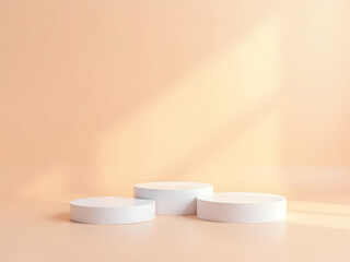 Elegant product display podiums on a soft calming peach background, perfect for showcasing beauty products and enhancing visual appeal in presentations or advertisements
