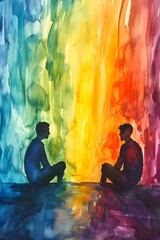 Vibrant Watercolor Conversation in Serene Setting, Generative AI