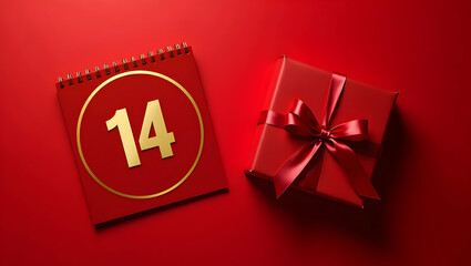 Elegant Red Valentine's Day Composition, A Calendar Displaying '14' in Gold Next to a Perfectly Wrapped Red Gift, Ideal for Romantic Celebrations