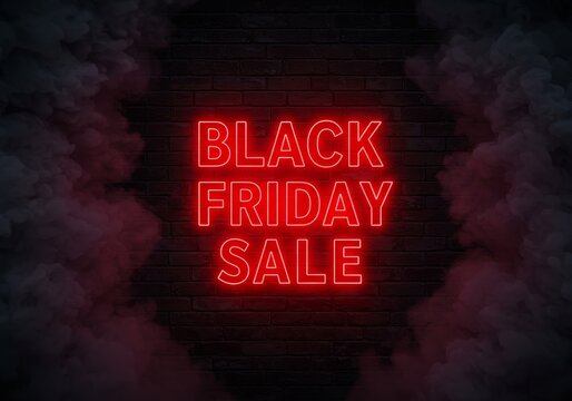 3D Black Friday Sale Neon Sign on Brick Wall Background