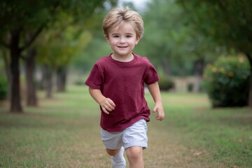 Smiling Little Boy Running in Park with Trees