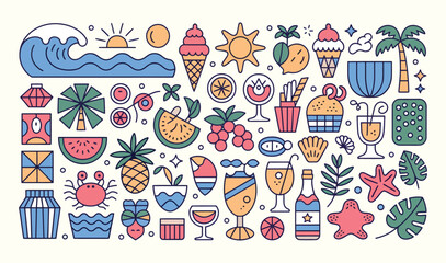 Colorful Summer Doodle Vector Set &ndash; Tropical Beach Icons with Fruits, Ice Cream, Drinks, Palm Trees and Sun