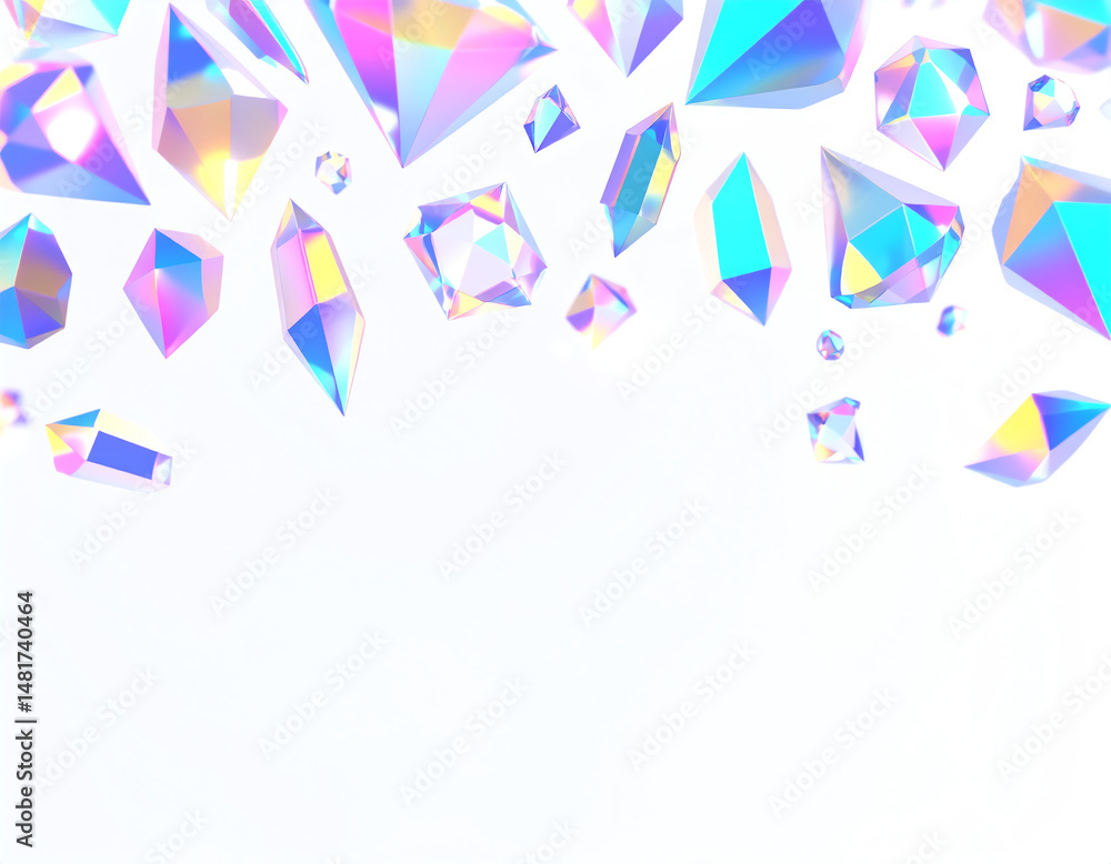Poster colorful, sparkling gemstones floating against a white background, showcasing various shapes and ref