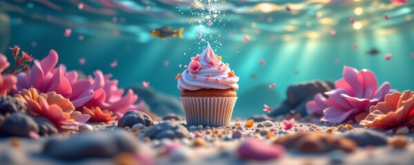 Pink Cupcake Underwater Scene with Coral and Fish
