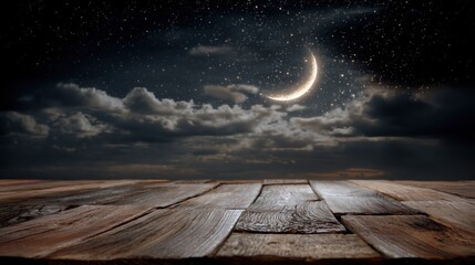 Starry night sky with crescent moon above wooden planks