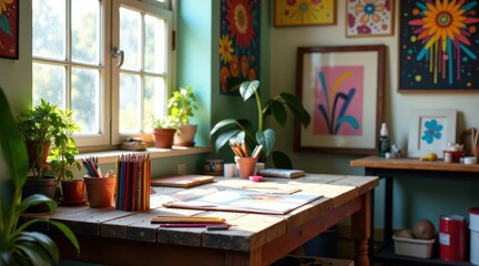 Sunlit Creative Workspace with Colorful Art Supplies and Vibrant Wall Decor