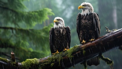 A pair of eagles stands tall on a tree trunk and large rock, with stunning landscape views