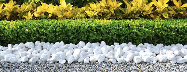 Garden landscaping white stones, green shrubs