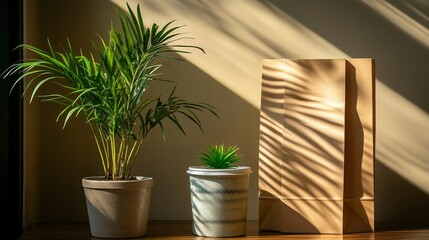 Obraz premium Zen interior still life: kraft bag green plants morning light 
