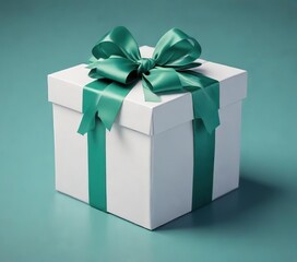 Fototapeta premium White gift box with green ribbon and bow on a teal blue background, present, blue