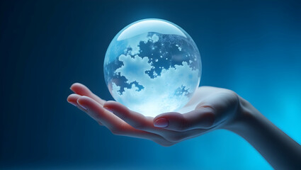Elegant translucent hand cradling a glowing orb, symbolizing innovation, connectivity, and the power of dreams in a digitally advanced world