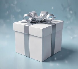 White gift box with silver ribbon and bow on a powder blue background, box, celebration, blue, elegant