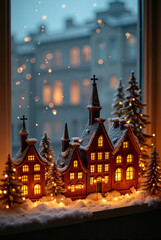Miniature snowy village with lights beside blurred window
