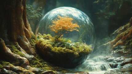 Enchanted miniature forest within a crystal sphere.