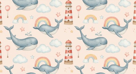 Fototapeta premium Illustration: Seamless Pattern With Watercolor Whale Rainbow And Lighthouse